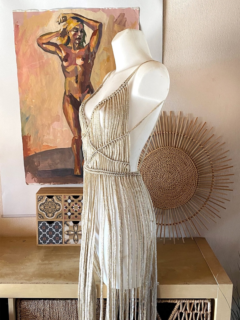 Custom Ivory Fringe V-Neck Dress with High Neck - Picture 6 of 9